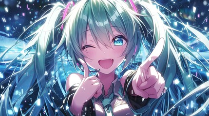 Naklejka premium Anime female character with blue hair in headset with joyful, excitement expression and pointing to camera. Drawn, cartoon art style.