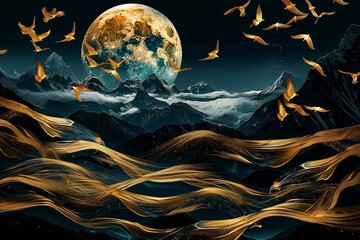 3d mural wallpaper with dark background and colored feathering . moon and golden birds . Mountains like golden waves modern background, Generative AI
