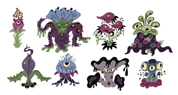 Monster plants. Carnivore flowers. Fantastic angry flora. Predatory botanical mascots. Dangerous blossoms. Creepy flytraps with eyes or teeth. Cartoon spooky characters. Garish vector set