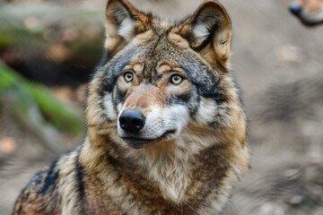 Naklejka na ściany i meble Portrait of a wolf in the zoo, Close-up