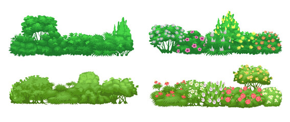 Green garden hedge. Cartoon bush borders. Blooming plant composition. Natural flowering shrubs. Shrubbery trees. Foliage leaves. Decorative botanical landscape elements. Splendid vector set
