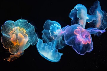 glowing jellyfishes on black background - obrazy, fototapety, plakaty