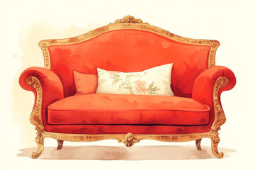 Elegant red vintage sofa with ornate wooden details featuring a floral cushion