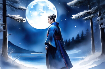 An enchanting illustration of a poised warrior under a luminescent full moon, surrounded by a serene snowy landscape and whispering pines. A portrait of tranquility and strength. Generated AI