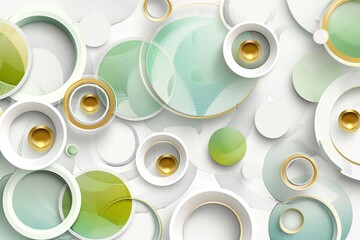 3d illustration wallpaper home decor. light green, and white circles and golden items in white background, Generative AI