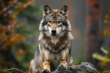 Portrait of a wolf sitting on a rock in the autumn forest