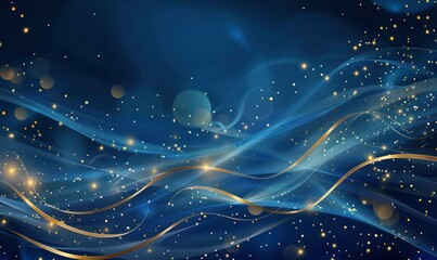 Blue luxury waves background with golden lines and light effect with shimmering bokeh elements.
