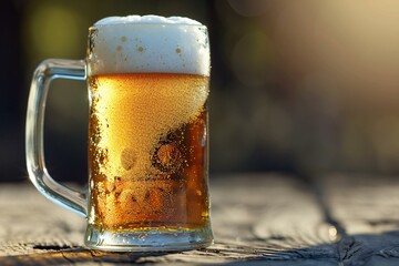 Mug of beer with foam on a wooden table in the sun