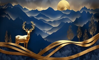 3d modern art mural wallpaper with dark blue and golden wave background mountains golden deer, Generative AI