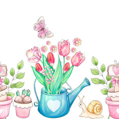 Watercolor romantic border with watering can and flowers. Beautiful tulips. Springtime ormament. lovely artwork for Mothers Day. For printing, greeting card, fabric, postcard, sticker, poster, packing