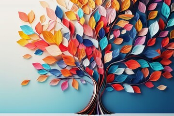 Colorful tree with multicolor leaves illustration background. 3d abstraction wallpaper for interior mural wall art decor, Generative AI