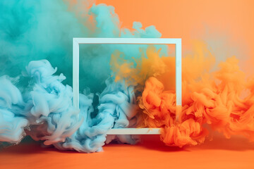 A white square frame against an orange background, surrounded by blue and orange smoke. Banner for social media highlights or promotional materials