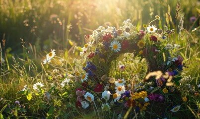 Wildflowers wreath on a sunny meadow. Sunny green natural background. Summer solstice concept. Symbol of Beltane.