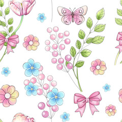 Seamless pattern watercolor romantic flowers, brunch and butterfly. Hand drawn tulips ornament. Springtime sketch for design, printing, textile, greeting card