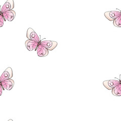 Seamless pattern watercolor pink tropical butterfly. Vintage elegant clipart. Flying dream. cartoon art. Hand drawn ornament. Springtime sketch for design, printing, textile, greeting card