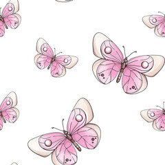 Seamless tropical pattern watercolor pink butterfly. Vintage elegant clipart. Flying dream. Hand drawn ornament. For design, printing, textile, greeting card