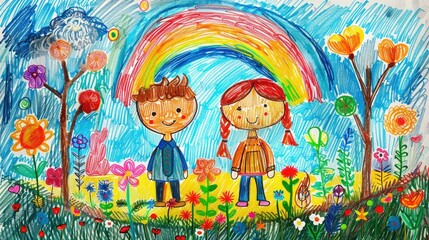 Children's pencil drawing. A little boy and girl stand against a background of flowers, trees and a rainbow. The illustration can be used for Children's Day