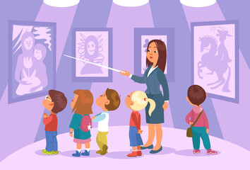 Children at exhibition. Guide telling art history to curious kids in gallery. Visitors to painting museum. Educational excursion. Masterpiece pictures exposition. Splendid vector concept