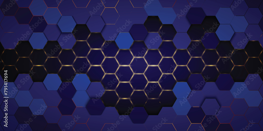 Poster blue hexagonal background with golden light..