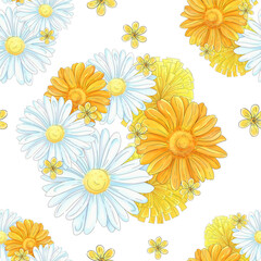 Seamless pattern watercolor bucket of Calendula, dandelion, daisy sunflower sketch. Botanical illustration. Medicine herbal. Springtime sketch for design, printing, textile, greeting card