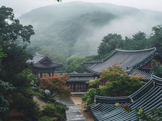 the morning view of a temple surrounded by mountains