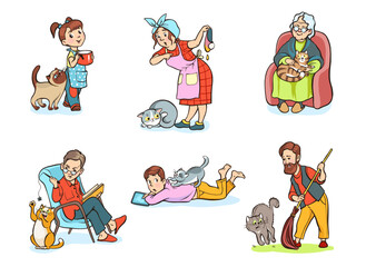 Cats with owners. Pets in different situations. People come into contact with animals. Girl playing with kitten. Grandmother feeding and taking care. Kitty mammal. Splendid vector set