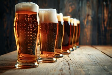 Beer in glasses on a wooden background,  toning,  selective focus - obrazy, fototapety, plakaty