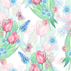 Seamless watercolor spring pattern for Mother's day. Hand draw garden ornament with tulips. Farming clip art in cartoon, romantic style. Springtime gardening design element for invitation, wedding, pr