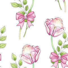 Seamless watercolor spring pattern for Mother's day. Hand draw garden ornament with tulips in cartoon, romantic style. Springtime gardening design element for invitation, wedding, printing, textile, g