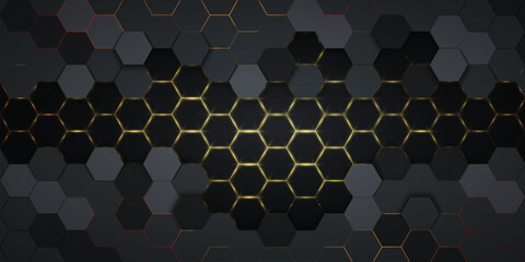 Black Hexagonal background with golden light.