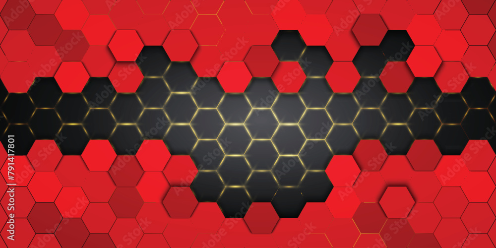 Poster red hexagonal background with golden light..