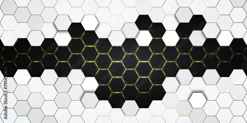 Poster white hexagonal background with golden light..