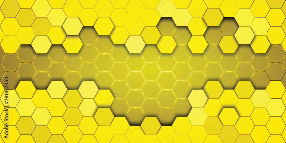 Poster yellow hexagonal background with golden light.