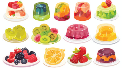Fruit jellies set. Gelatin desserts jello cake and pi - obrazy, fototapety, plakaty