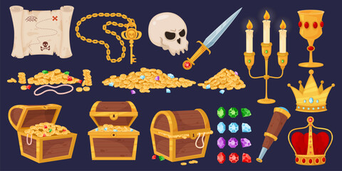 Cartoon pirate trophies. Treasure in wooden chests. Golden coins. Human skull. Antique sword and spyglass. Jewel crown. Medieval box. Gemstones heap. Fabulous wealth. Recent vector set