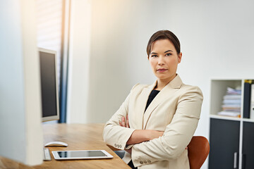 Business woman, serious and portrait with computer job at desk with confidence. Office, trader and digital investing work of an employee with cryptocurrency stock research at a corporate company