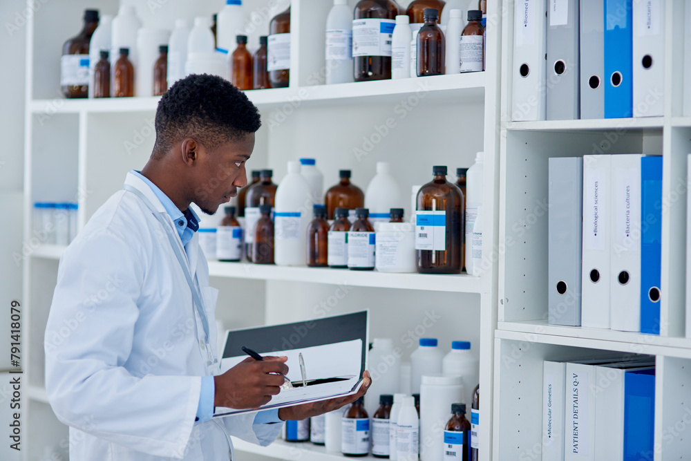 Poster black man, scientist and folder for stock in laboratory inventory for logistics, update and products
