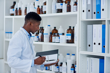 Black man, scientist and folder for stock in laboratory inventory for logistics, update and...