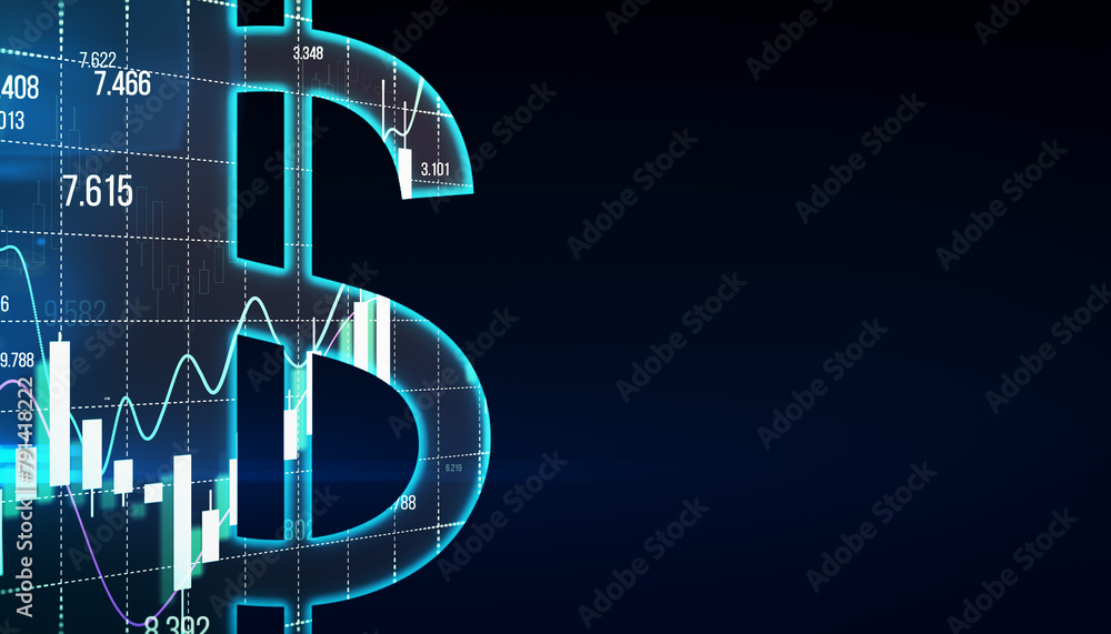 Poster creative tech dollar sign on dark background with mock up place. crypto, online banking, digital tra