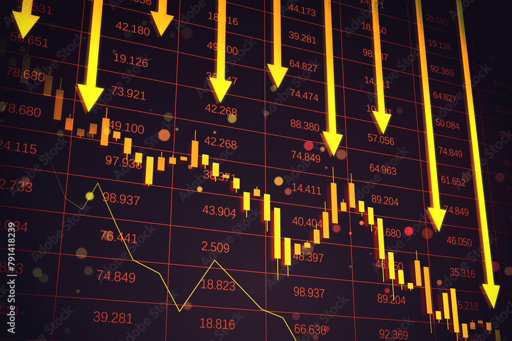 Poster red crisis arrows on dark backdrop. economic recession, financial fall and crash concept. 3d renderi