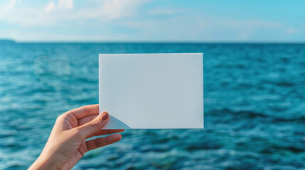 A woman's hand holds a white blank piece of paper against the background of the sea. Mockup, product advertisement, invitation flyer