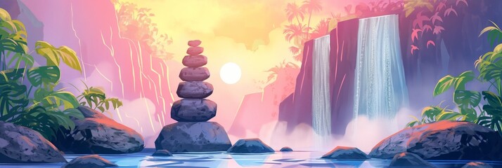 Serene illustration of balanced zen stones with a captivating waterfall and lush forest in the background, evoking calm and balance