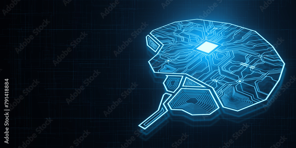 Poster Creative glowing AI brain hologram and circuit on dark backdrop with mock up place. Artificial intelligence and innovation concept. 3D Rendering.