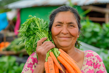 Happy woman with harvested carrots, concept of urban homesteading or local produce and ecology.