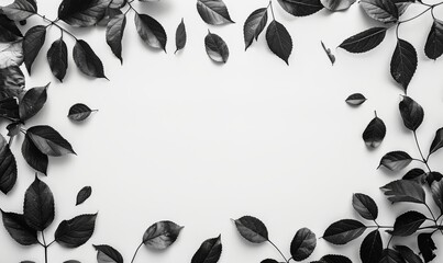 Abstract leaves on white background, black and silver colored. Frame from leaves