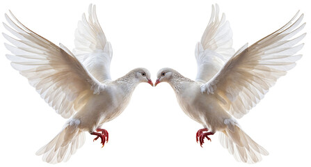 Two white doves flying face to face as a symbol for love and wedding, isolated on a transparent background - Powered by Adobe