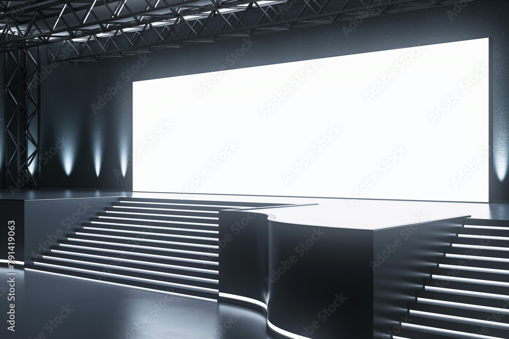 Poster sleek conference hall with spotlighted stage and audience seating. corporate event space. 3d renderi