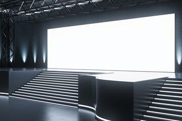 Sleek conference hall with spotlighted stage and audience seating. Corporate event space. 3D...