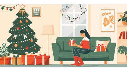 Girl opening a gift at home in the living room.