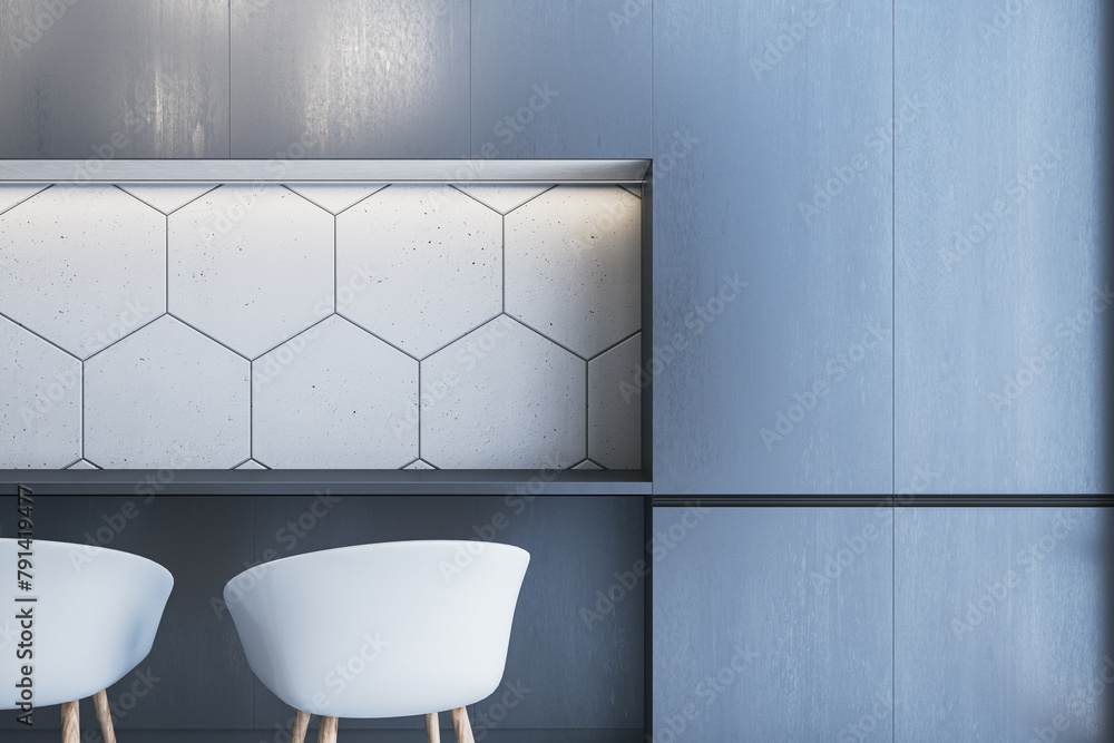 Poster Modern blue interior with empty mock up place on wall, table and chairs. 3D Rendering.